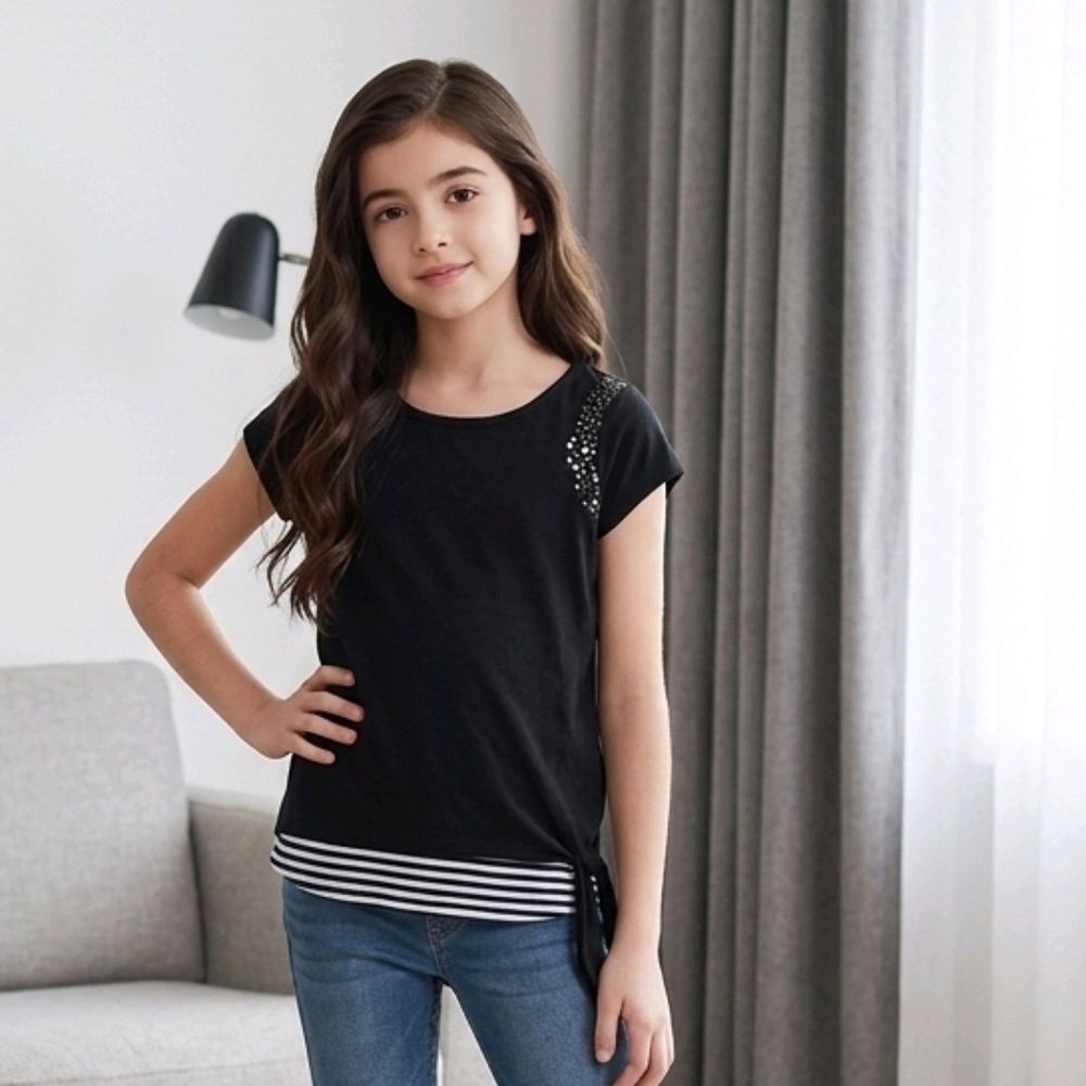 Justice Black Sequin Knit Top Stripe Hem Side Knot Tee Girls Size 10 Trendy Soft